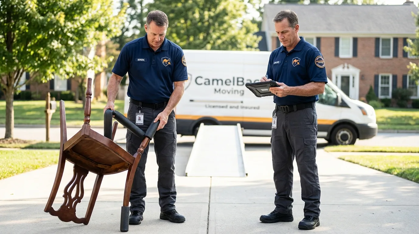 Movers inspecting furniture for damage prevention before loading in Castle Rock, WA