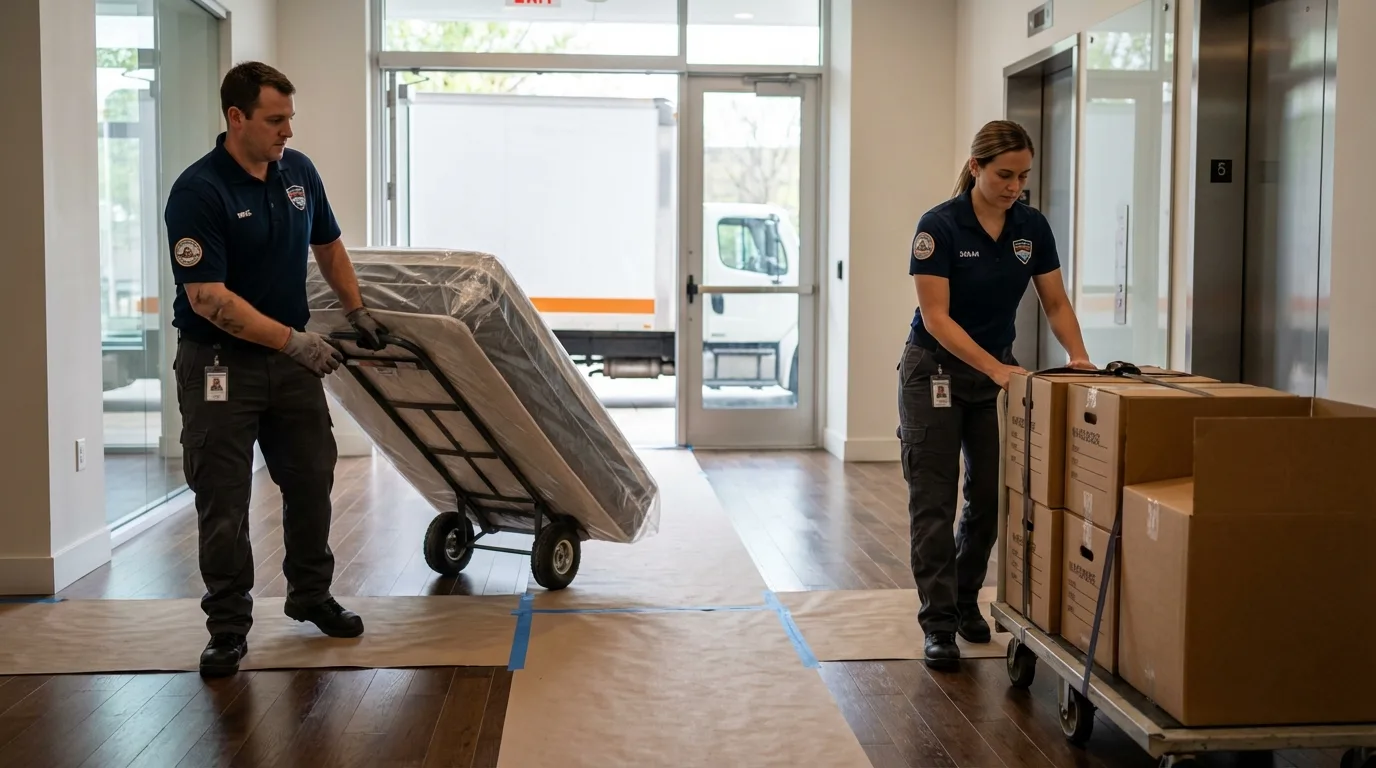 Professional apartment movers loading elevator in Castle Rock, WA