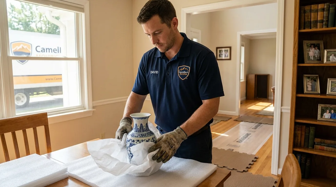 Professional crew carefully wrapping antique vase for senior downsizing move in Castle Rock, WA